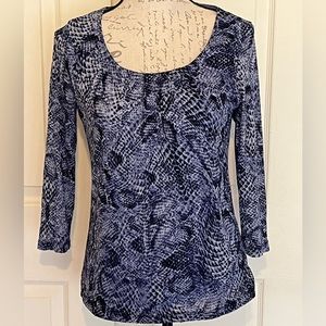 Chico’s blue snake skin blouse, semi-sheer, 3/4 sleeve, size 0, small